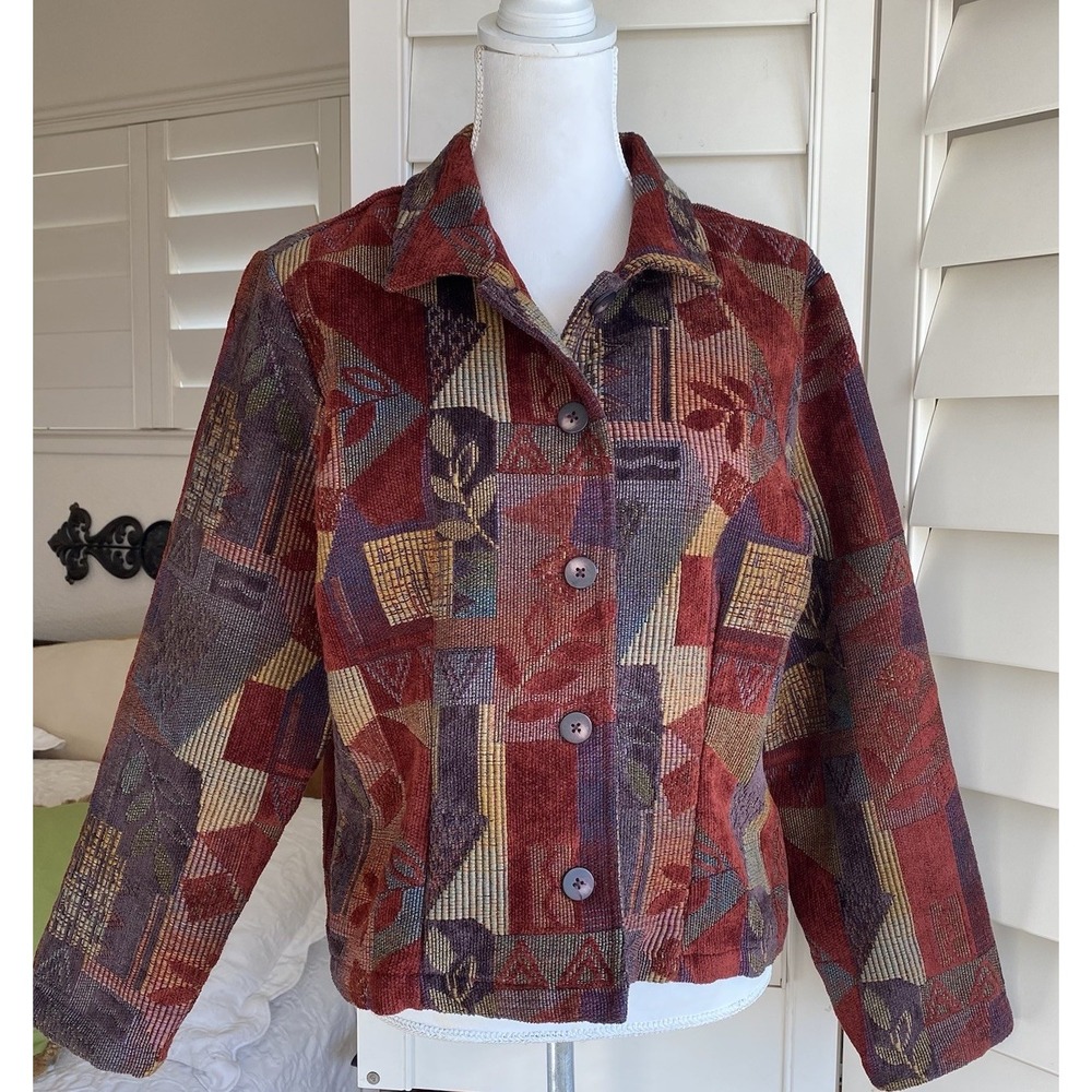Vtg Coldwater‎ Creek Tapestry Jacket Women L Made In USA Boxy Coat Boho Fall
